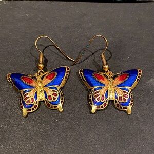 Whimsical Cloisonné Butterfly Earrings in Gold Tone.